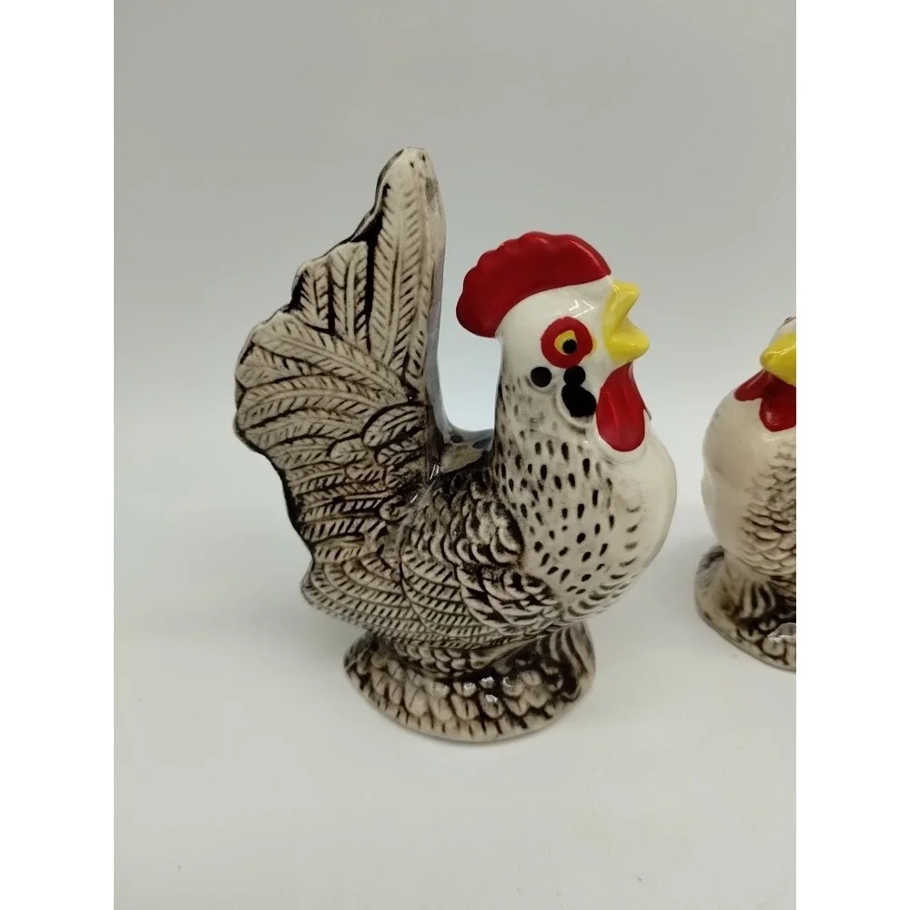 Vintage White Black Rooster and Hen Chicken Salt & Pepper Shakers Japan